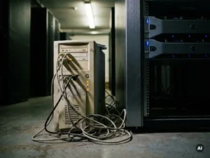 Verstaubter alter Tower-Server mit Kabelsalat neben modernem Rack-Server, bernsteinfarbene Warnlichter im Rechenzentrum.