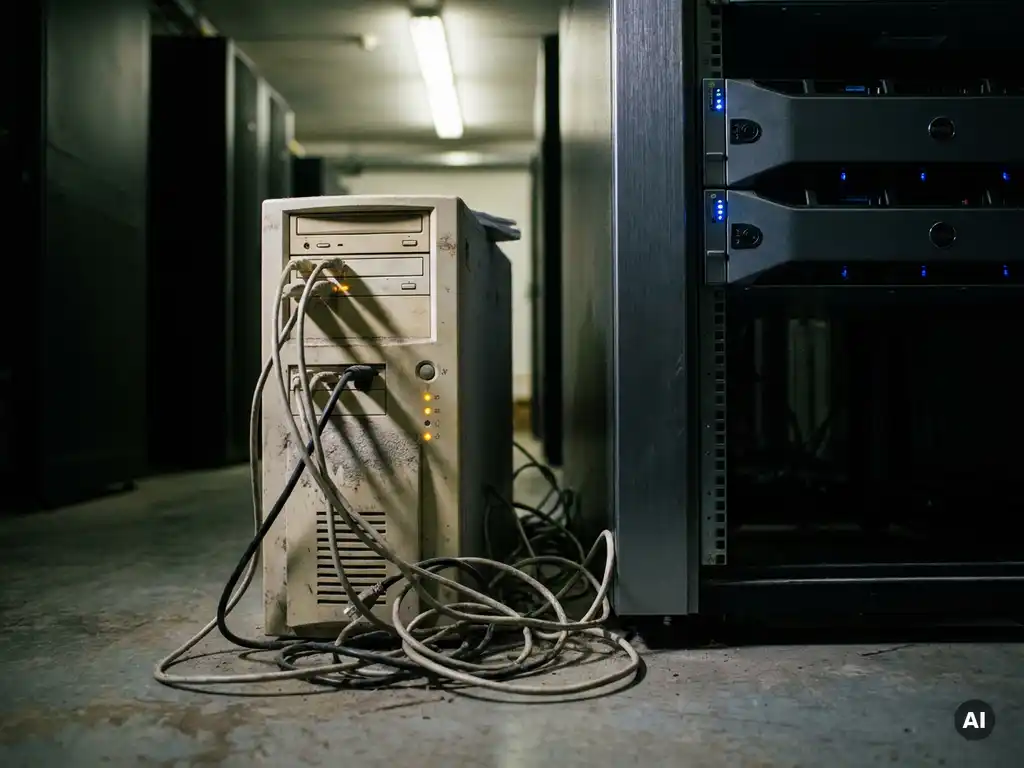 Verstaubter alter Tower-Server mit Kabelsalat neben modernem Rack-Server, bernsteinfarbene Warnlichter im Rechenzentrum.