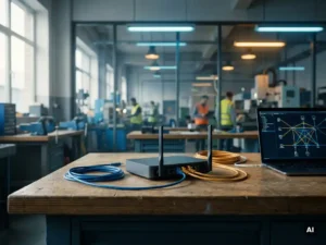 Kabelloser Router auf Industriearbeitsplatz mit Ethernet-Kabeln und Laptop mit Netzwerktopologie-Diagramm, Ingenieurbüro im Hintergrund.