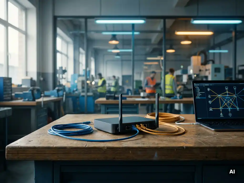 Kabelloser Router auf Industriearbeitsplatz mit Ethernet-Kabeln und Laptop mit Netzwerktopologie-Diagramm, Ingenieurbüro im Hintergrund.
