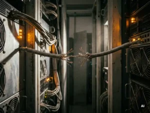 Ausgefranstes Industrie-Ethernet-Kabel zwischen zwei Servern in einem schwach beleuchteten Serverraum kurz vor dem Bruch.