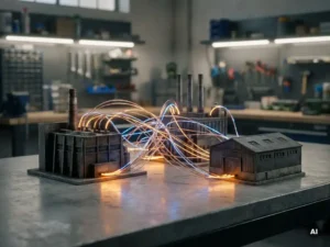 Leuchtende Glasfaserkabel verbinden drei Miniatur-Industriegebäude auf Beton, warmes Bernsteingleiches Licht an jedem Knotenpunkt.