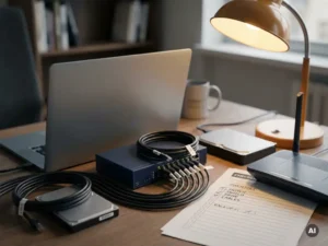 Ordentlich arrangierter Ingenieur-Schreibtisch mit Laptop, Netzwerk-Switch, externer Festplatte und beschrifteten Kabeln im warmen Lampenlicht.
