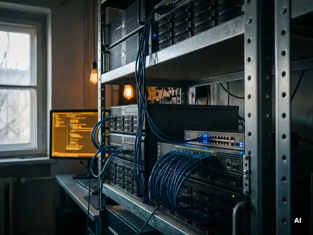 Physisches IT-Netzwerk aus Servern, Ethernet-Kabeln und Switch auf einem Stahlrack in einem Technikraum.