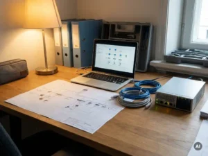 Ingenieur-Schreibtisch mit ausgedrucktem Netzwerkdiagramm, Laptop mit Infrastruktur-Topologie und aufgerollten Ethernet-Kabeln neben kompakter Servereinheit.
