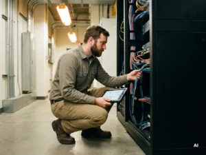Netzwerktechniker inspiziert Kabelverbindungen an einem offenen Server-Rack mit Diagnose-Tablet in moderner Rechenzentrumsanlage.