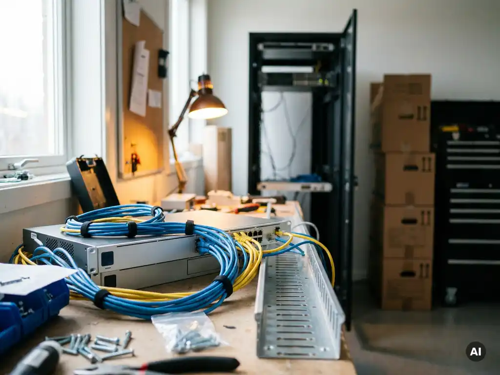Netzwerk-Switch mit gebündelten Ethernet-Kabeln auf Werkbank, offenes Server-Rack und Umzugskartons im Hintergrund.