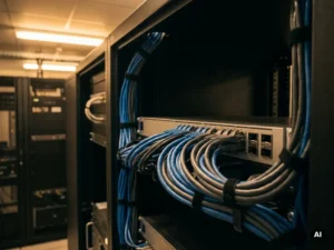 Gebündelte Ethernet-Kabel mit Kabelbindern an einem rack-montierten Netzwerk-Switch im Serverschrank unter warmem Umgebungslicht.
