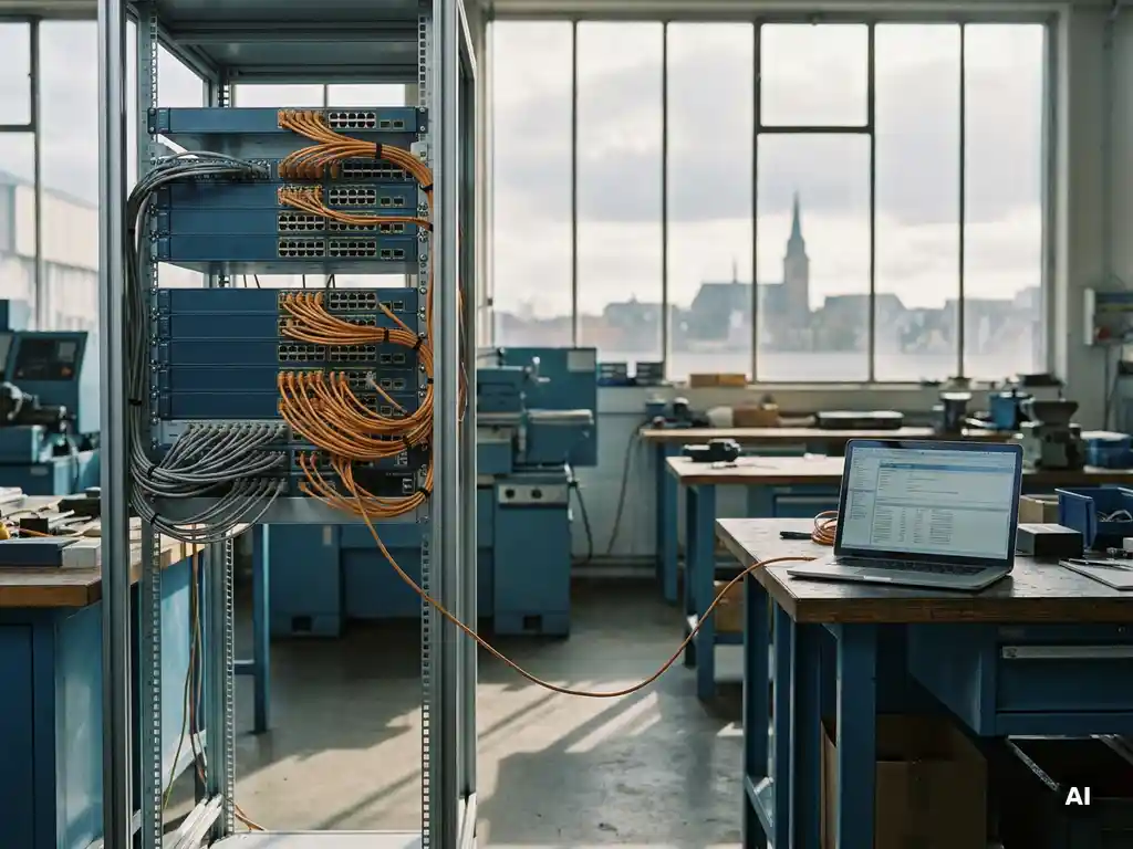 Netzwerk-Switch mit Ethernet-Kabeln im Server-Rack, verbunden mit Laptop auf Industriearbeitsplatz, Kaiserslauterner Skyline im Hintergrund.