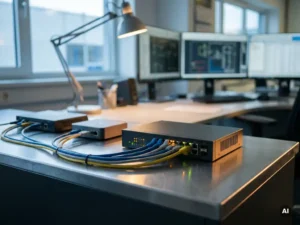 Netzwerk-Switch mit blinkenden Statuslichtern auf einem Industrie-Schreibtisch, flankiert von Router und Firewall-Appliance mit ordentlich verlegten Ethernet-Kabeln.