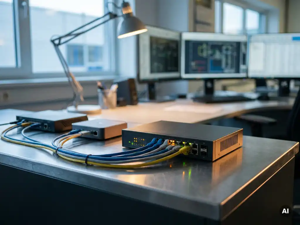 Netzwerk-Switch mit blinkenden Statuslichtern auf einem Industrie-Schreibtisch, flankiert von Router und Firewall-Appliance mit ordentlich verlegten Ethernet-Kabeln.