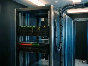 Zwei Server-Einheiten im Rack-Gehäuse beim automatischen Failover, Statuslichter wechseln von Rot auf Grün im Serverraum.
