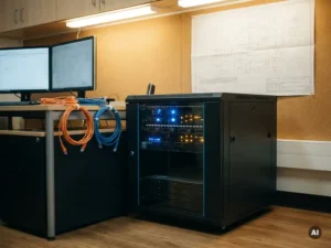 Kompaktes Server-Rack in modernem Ingenieurbüro mit Workstation, verlegten Ethernet-Kabeln und technischem Schaltplan an der Wand.