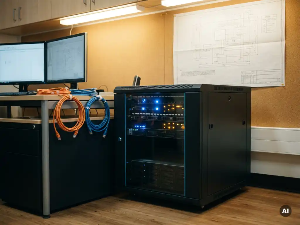 Kompaktes Server-Rack in modernem Ingenieurbüro mit Workstation, verlegten Ethernet-Kabeln und technischem Schaltplan an der Wand.
