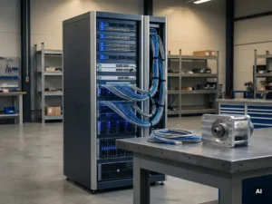 Modulares Server-Rack auf einem Stahlwerkstisch, umgeben von gebündelten Ethernet-Kabeln und Präzisionsbauteilen in einer industriellen Umgebung.