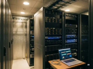 Server-Racks in einem kompakten IT-Raum mit Laptop-Dashboard und leuchtenden Amber-Statuslichtern auf Stahloberflächen.