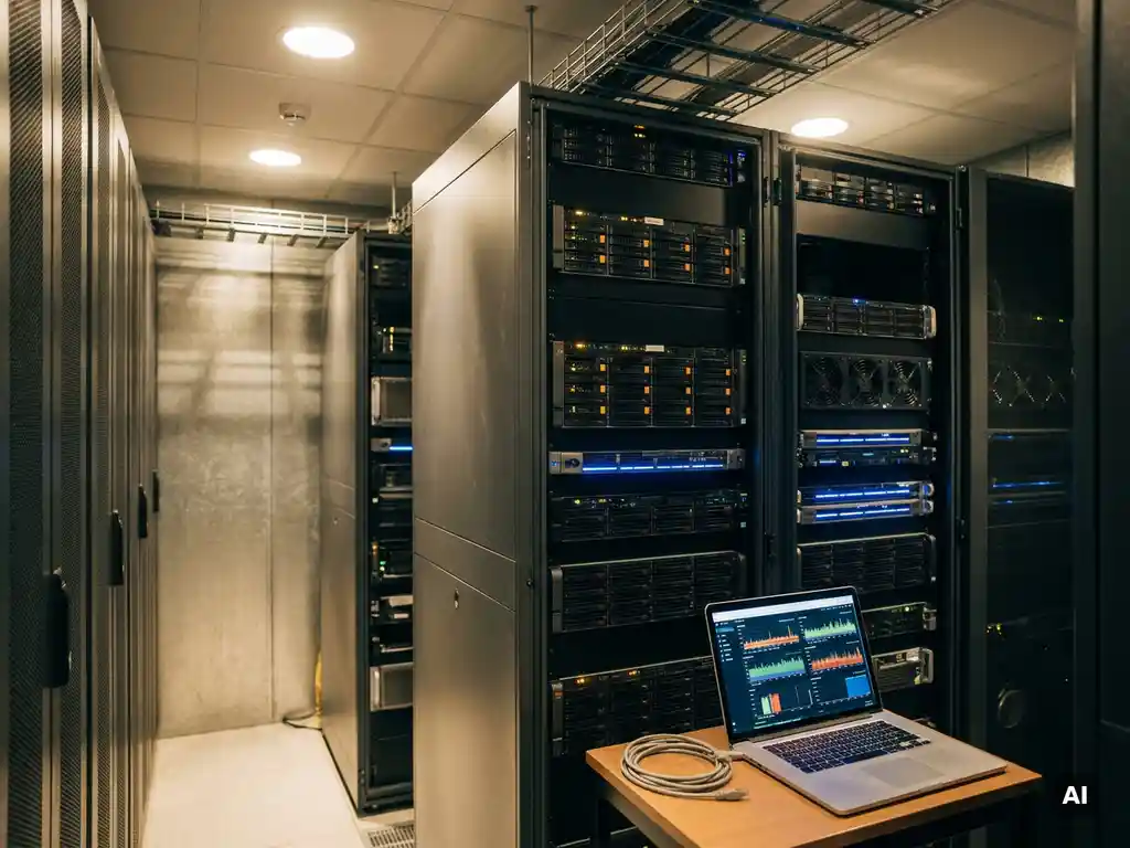Server-Racks in einem kompakten IT-Raum mit Laptop-Dashboard und leuchtenden Amber-Statuslichtern auf Stahloberflächen.