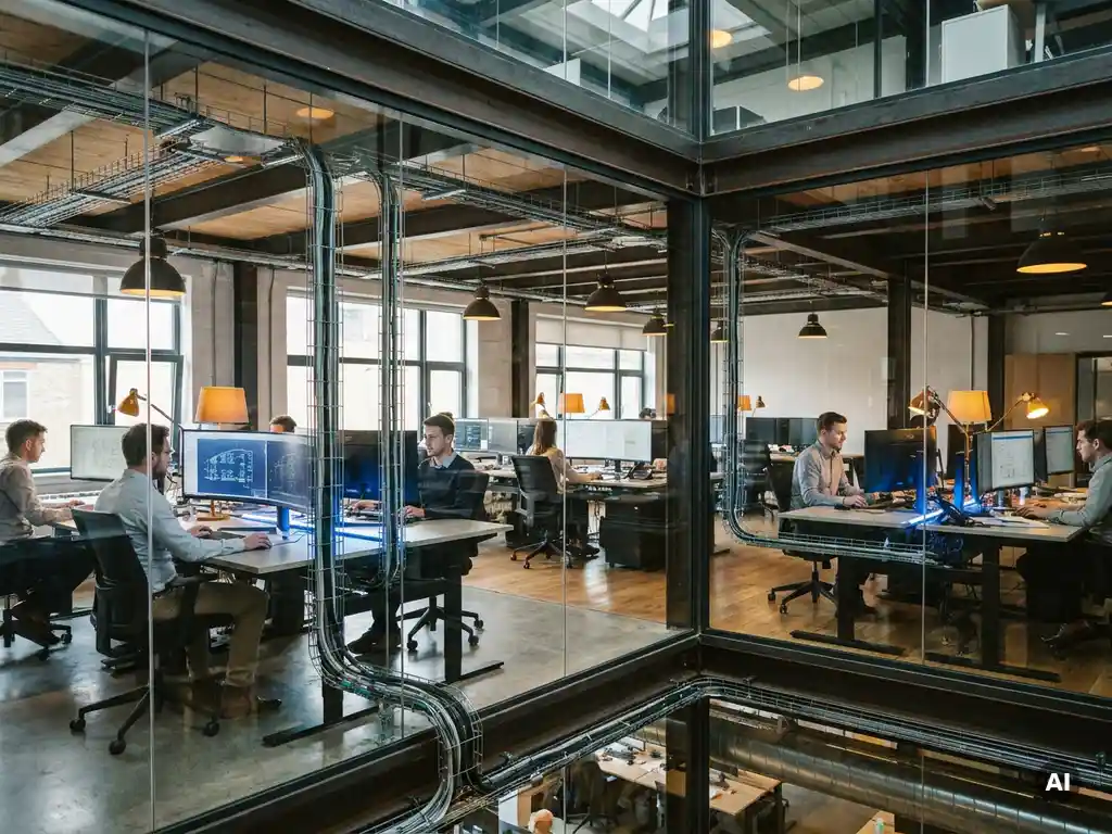 Vernetzte Ingenieur-Workstations in einem modernen Open-Plan-Büro mit Glastrennwänden, verbunden durch Kabelkanäle in Stahl-Blau und Amber-Tönen.